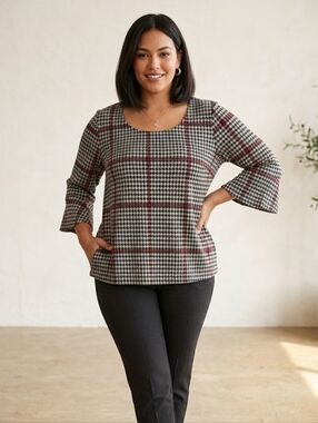 cleo Black & White Houndstooth Scoop Neck Top with Burgundy Windowpane